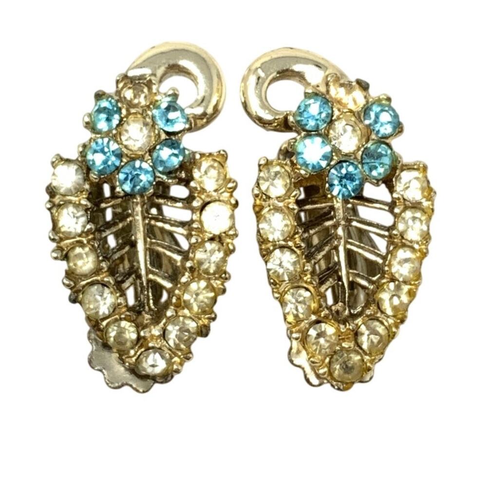 Vintage Rhinestone Earrings Flower Leaf Shape Clip On Style